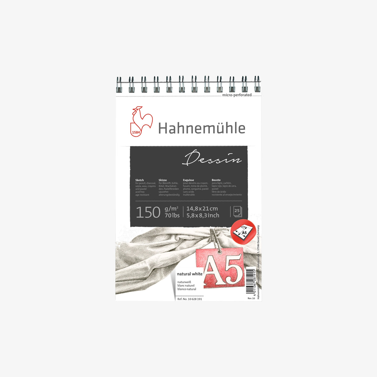 Skizzenblock-Spiralblock-150grm-Hahnemuehle-Dessin-25blatt-A5-Cover-Front-Produktansicht
