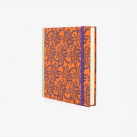 Skizzenbuch-15x15cm-240-seiten-mit-Lokta-bezogen-Motiv-Zweige-Purple-gold-auf-Orange-cover-seitlich-von-vorn
