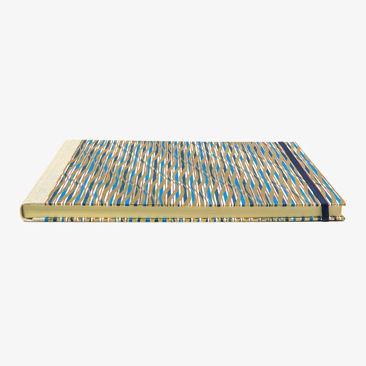 Skizzenbuch-A4-quer-cover-Chiyogami-papier-Motiv-blau-gold-rot-gewellte-Streifen-liegend