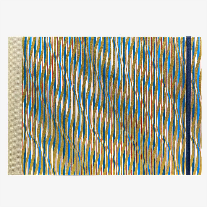 Skizzenbuch-A4-quer-cover-Chiyogami-papier-Motiv-blau-gold-rot-gewellte-Streifen-von-vorn