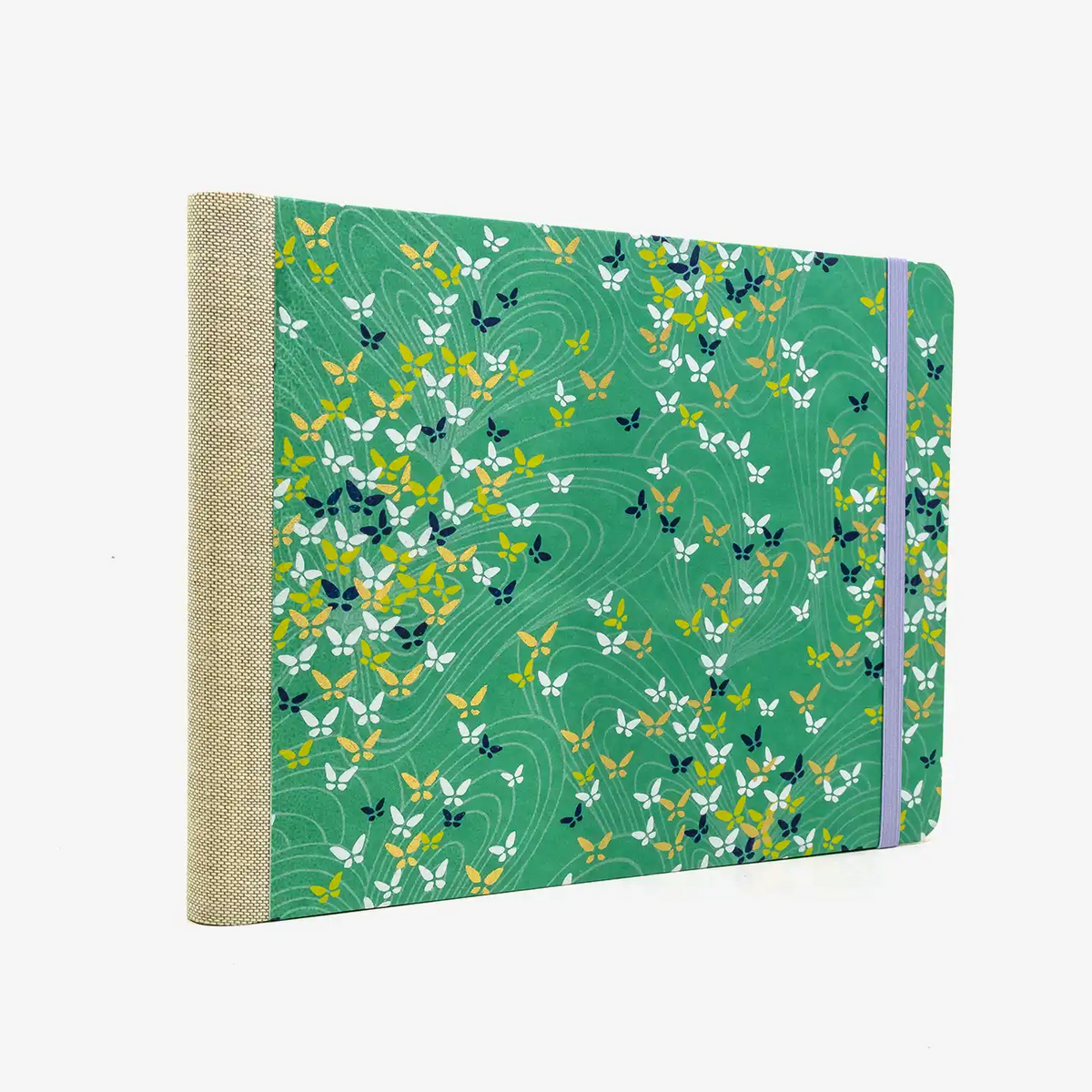 Skizzenbuch-A5-Quer-192seite-Cover-Chiyogami-Motiv-Schmeterlinge-auf-gruen-seitlich-hinten