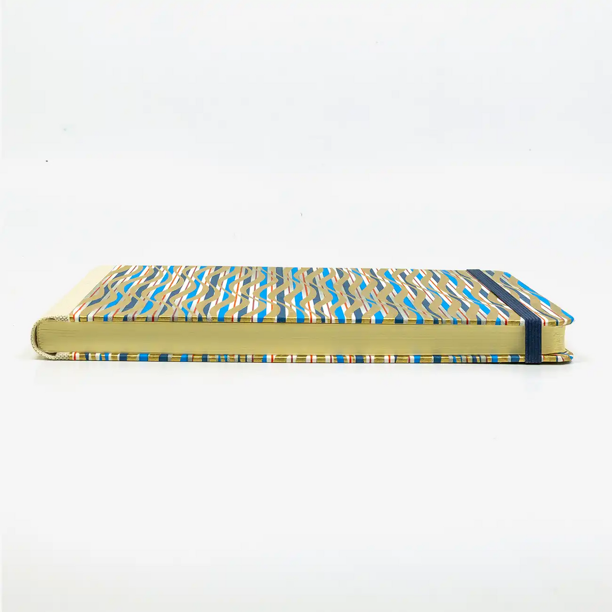 Skizzenbuch-A5-Quer-192seite-Cover-Chiyogami-Motiv-Streifen-gewellt-gold-blau-liegend-vorn