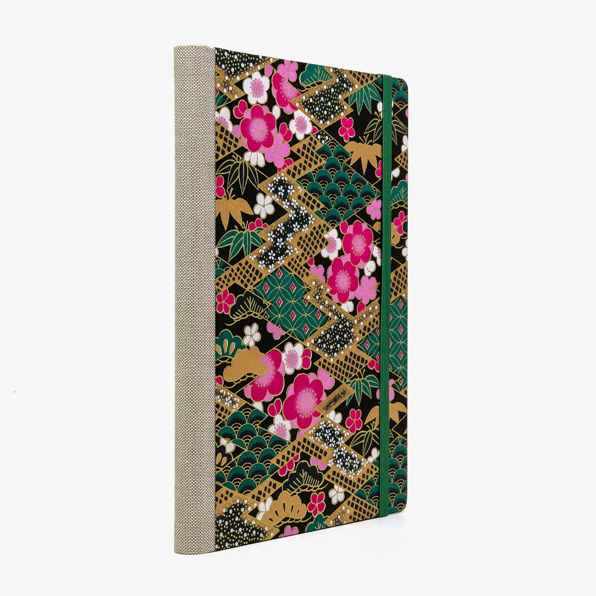Skizzenbuch-A5-blanko-160-Seiten-Chiyogami-Papier-Motiv-gruene-Rauten-mit-muster-gefuellt-seitlich-von-hinten