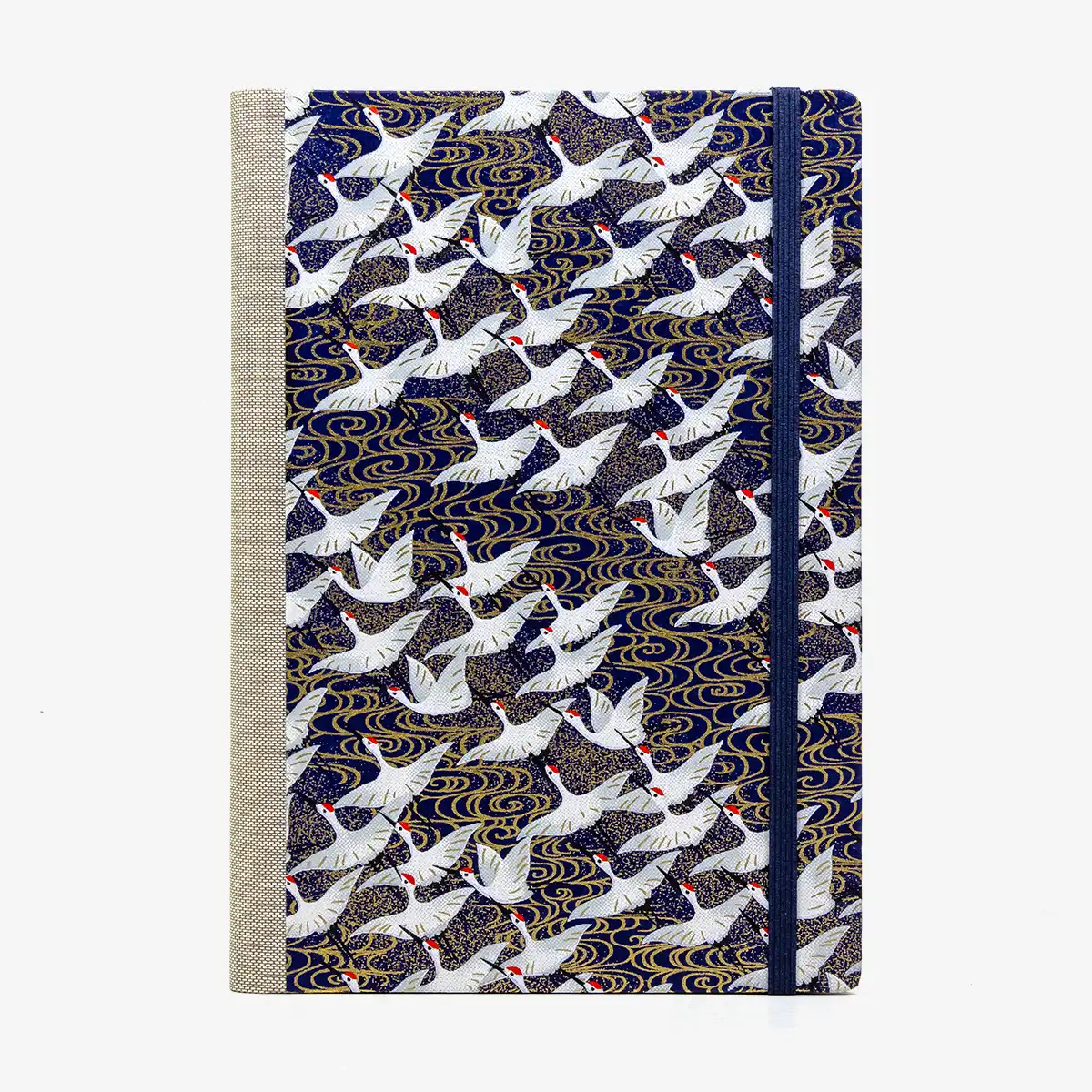 Skizzenbuch-A5-blanko-160-Seiten-Chiyogami-Papier-Motiv-kraniche-ueber-goldenen-Nebel-auf-blau-von-vorn