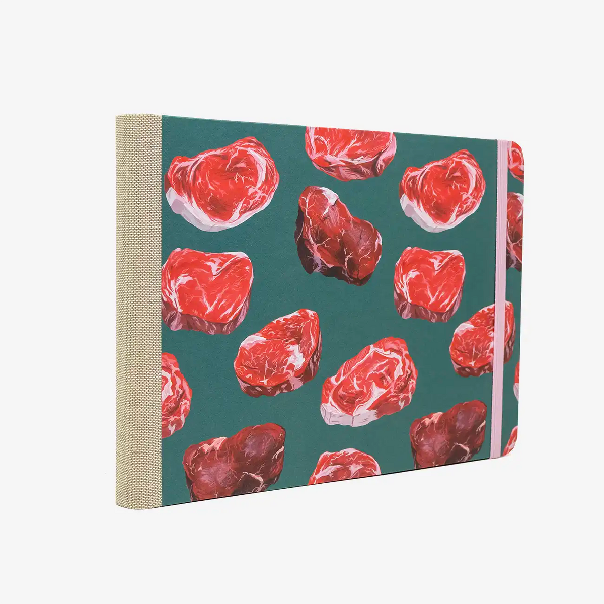 Skizzenbuch-A5-blanko-Querformat-mit-Offsetpapier-bezogen-Motiv-Meat-seitlich-von-Hinten