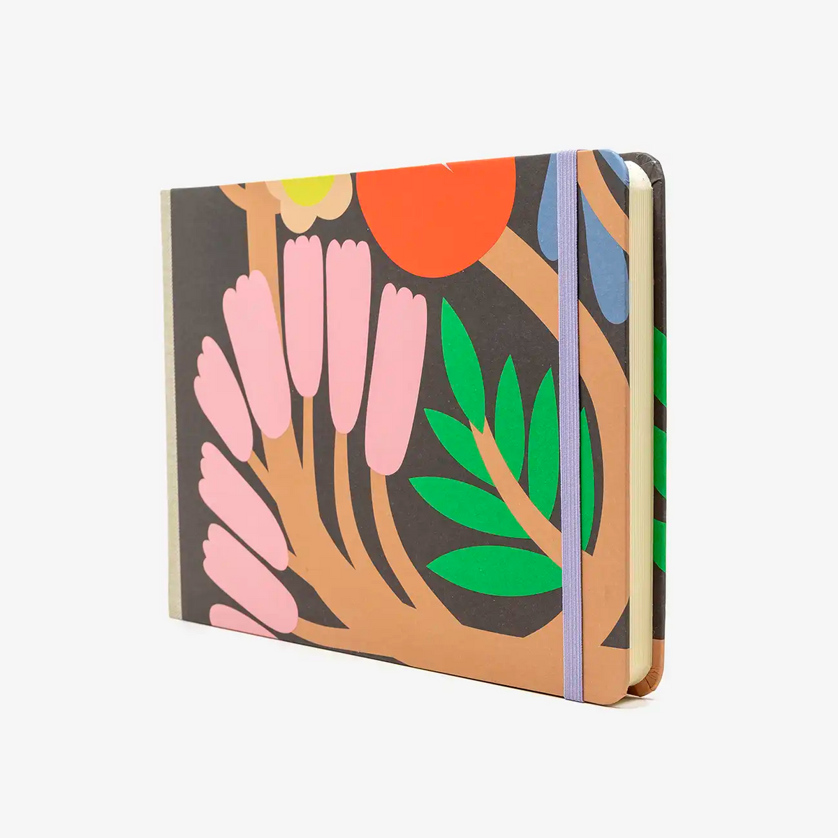 Skizzenbuch-A5-blanko-Querformat-mit-Offsetpapier-bezogen-Motiv-grosseBlumen-seitlich-von-vorn