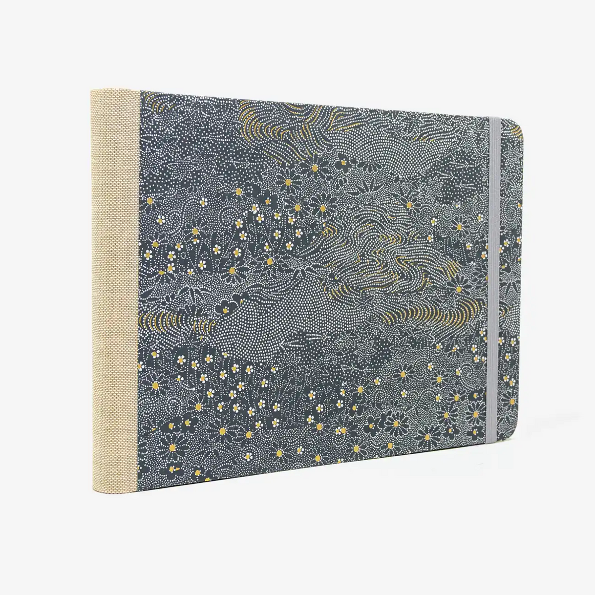Skizzenbuch-A5-blanko-Querformat-mit-chiyogami-bezogen-Motiv-Blumenwiese-weiss-gold-auf-grau-seitlich-von-hinten