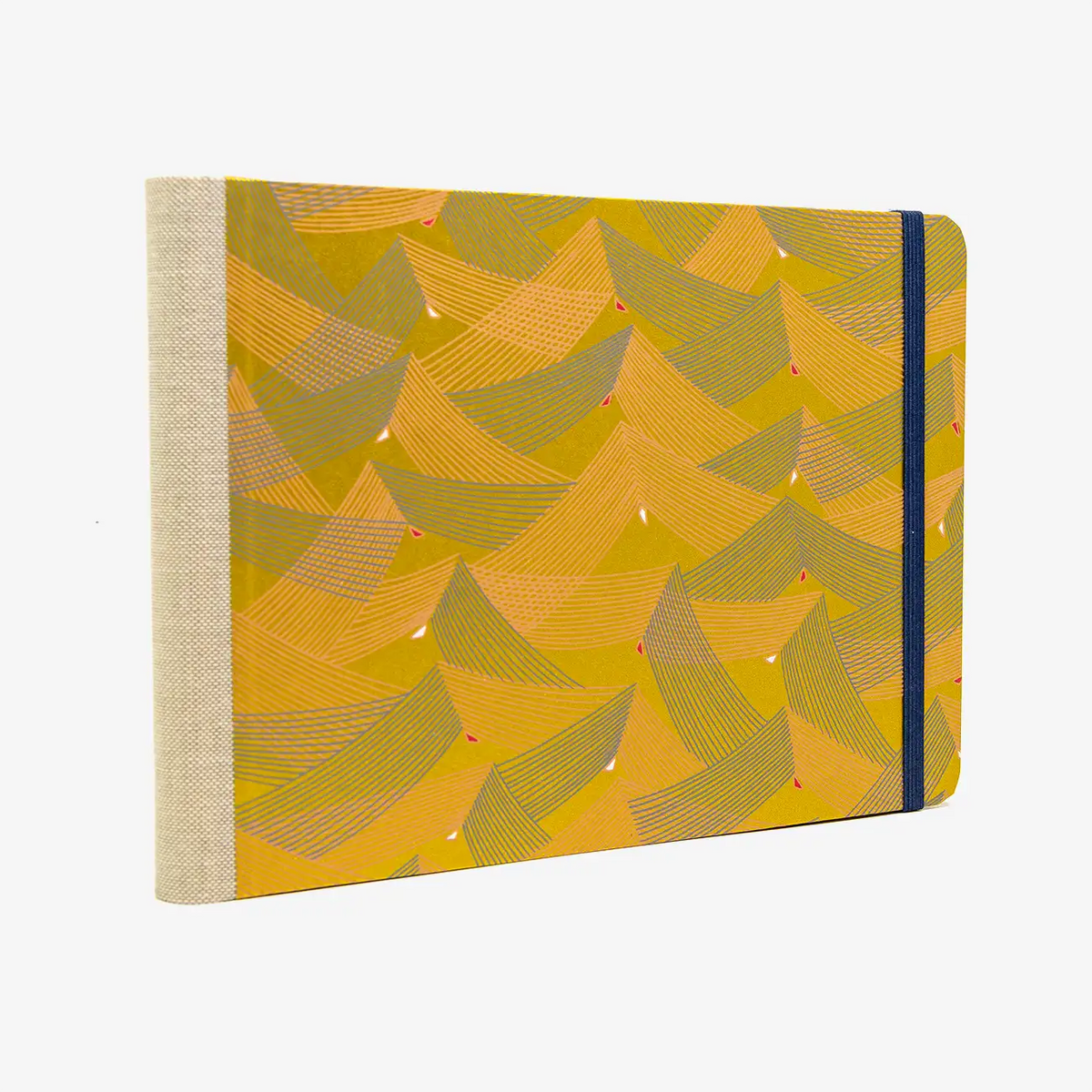 Skizzenbuch-A5-blanko-Querformat-mit-chiyogami-bezogen-Motiv-Saitenspiel-Gold-seitlich-von-hinten