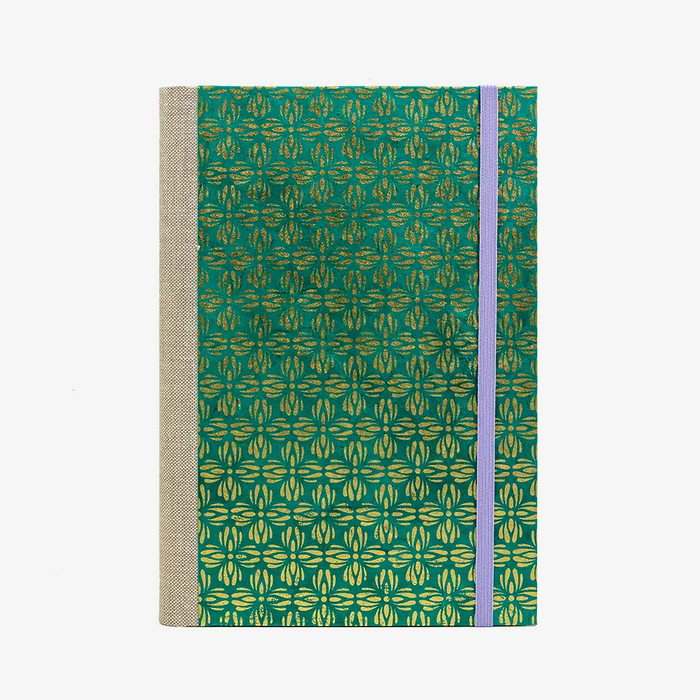 Skizzenbuch-A5-mit-Goldschnitt-cover-Lokta-Papier-160-Seiten-Motiv-Blumen-Muster-Gold-auf-Gruen-von-Vorn