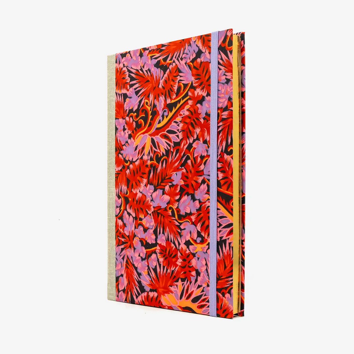 Skizzenbuch-A5-mit-Goldschnitt-cover-bezogen-mit-chiyogami-Papier-160-Seiten-Motiv-Monstera-rose-seitlich-von-vorn