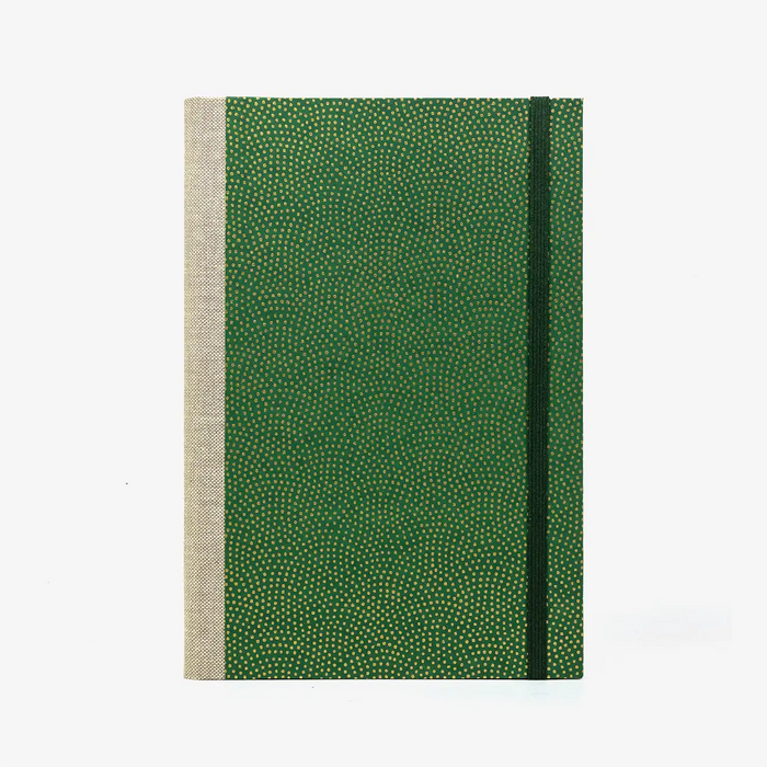Skizzenbuch-A5-mit-Goldschnitt-cover-bezogen-mit-chiyogami-Papier-160-Seiten-Motiv-Same-Komon-gold-auf-gruen-gold-von-vorrn