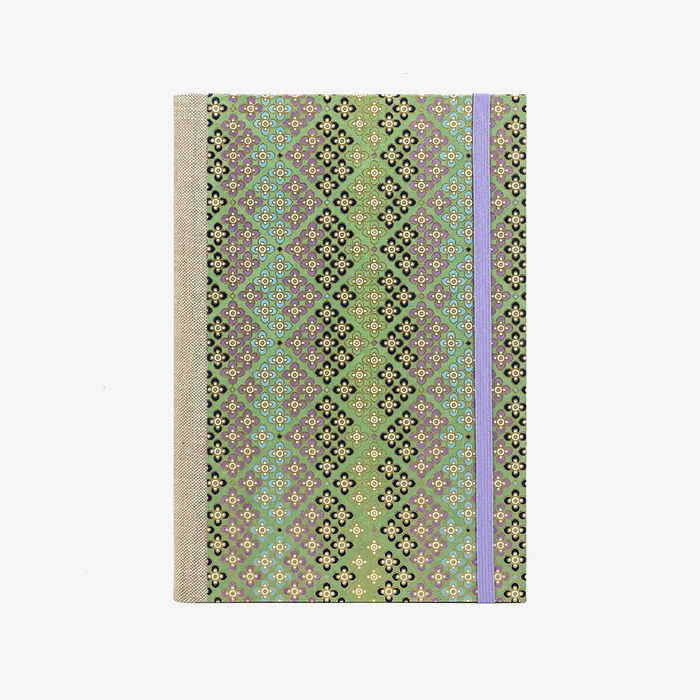 Skizzenbuch-A5-mit-Goldschnitt-cover-chiyogami-Papier-160-Seiten-Motiv-Floral-Bluetenpattern-1-gruen-von-vorn
