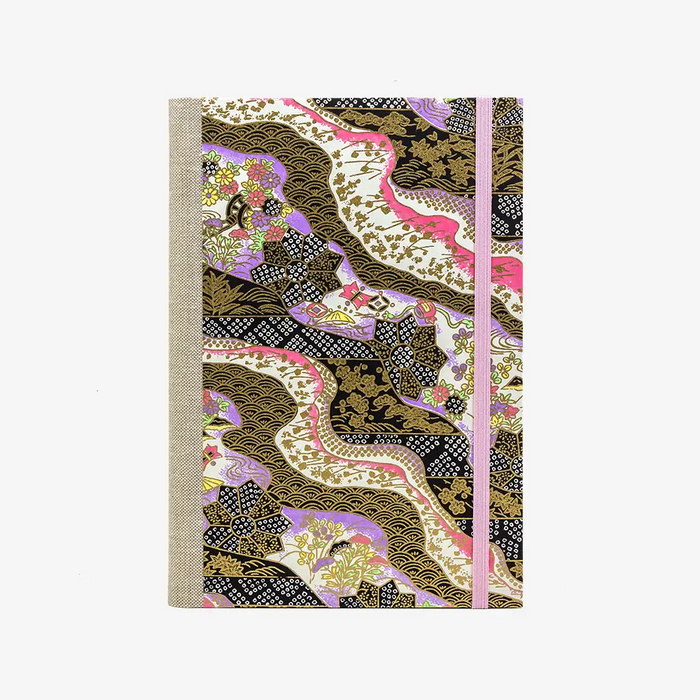 Skizzenbuch-A5-mit-Goldschnitt-cover-chiyogami-Papier-160-Seiten-Motiv-Wasserlandschaft-Schwarz-gold-purple-von-vorn