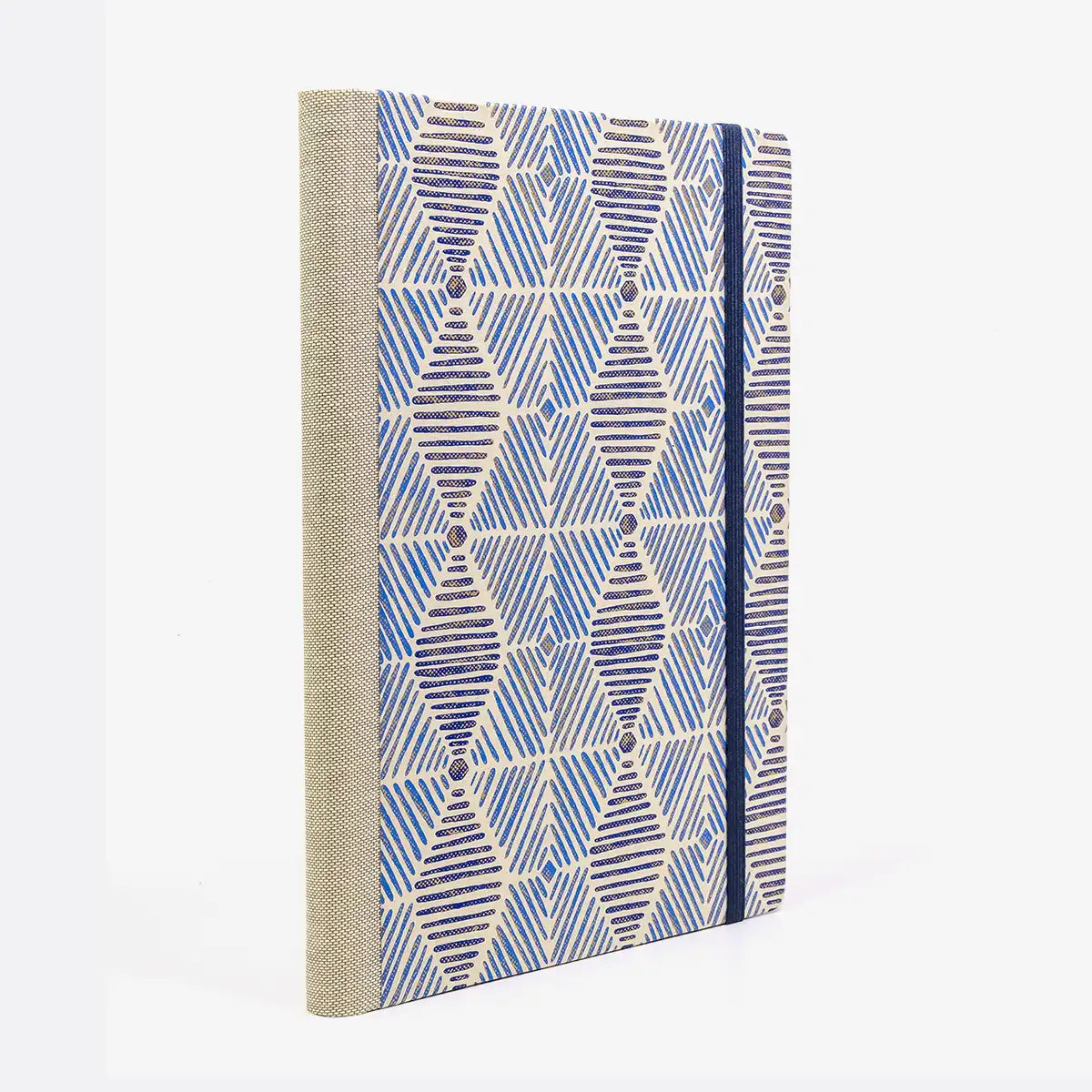 Skizzenbuch-blanko-A5-160seiten-cover-Baumwollpapier-Motiv-Strichmuster-blau-gold-ornament-seitlich-hinten