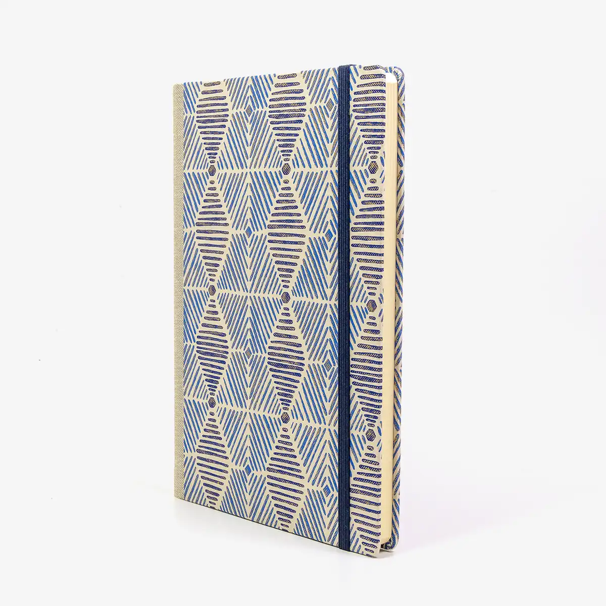 Skizzenbuch-blanko-A5-160seiten-cover-Baumwollpapier-Motiv-Strichmuster-blau-gold-ornament-seitlich-vorn