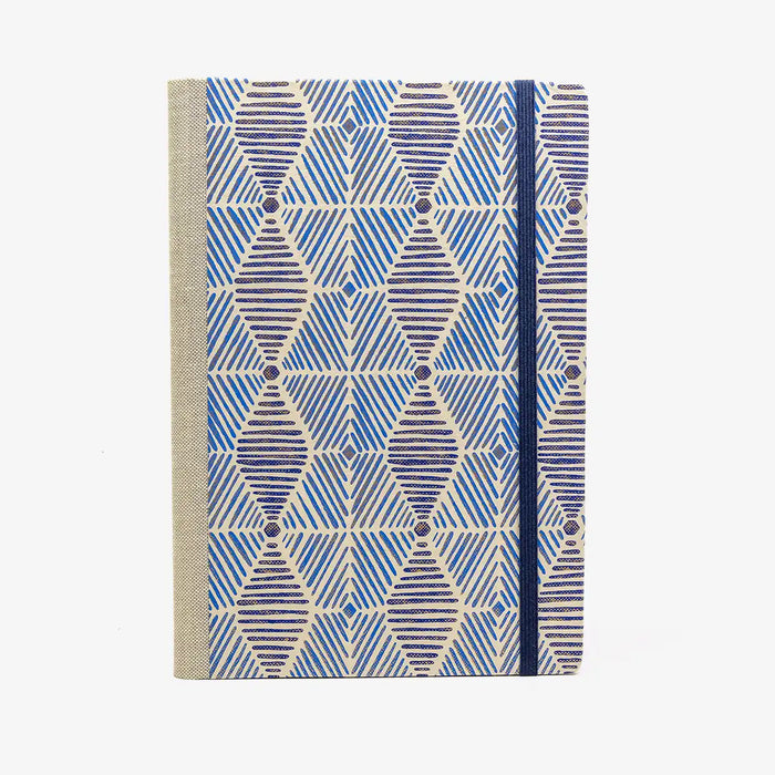 Skizzenbuch-blanko-A5-160seiten-cover-Baumwollpapier-Motiv-Strichmuster-blau-gold-ornament