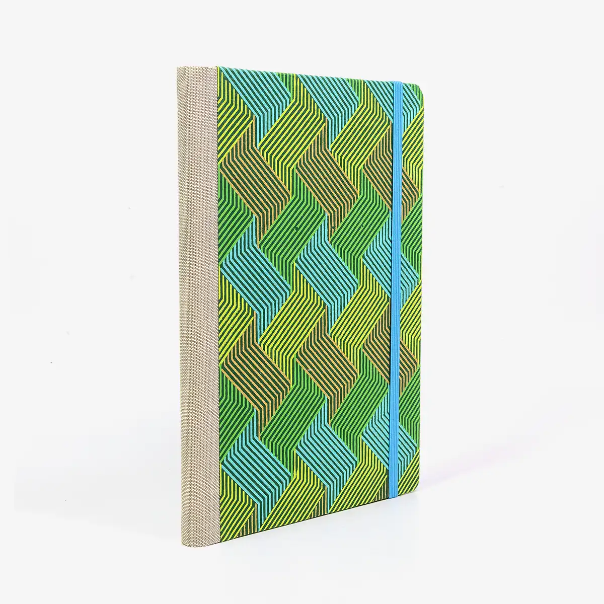 Skizzenbuch-blanko-A5-160seiten-cover-Baumwollpapier-Motiv-Strichmuster-zacken-gold-blau-gruen-seitlich-hinten