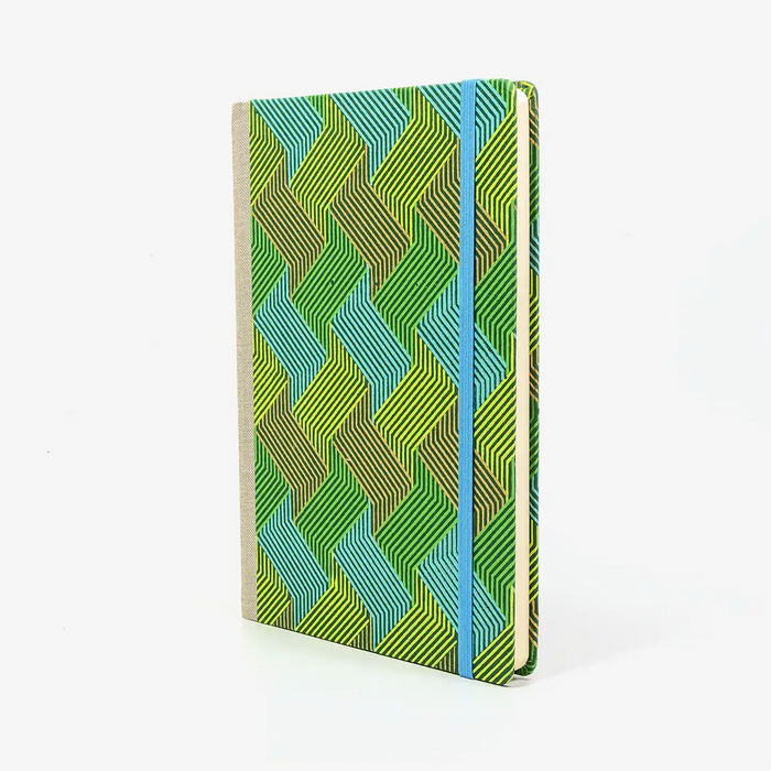 Skizzenbuch-blanko-A5-160seiten-cover-Baumwollpapier-Motiv-Strichmuster-zacken-gold-blau-gruen-seitlich-vorn
