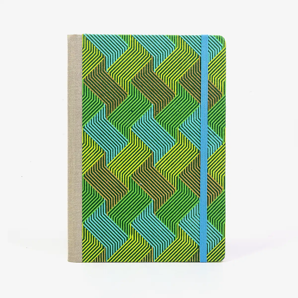 Skizzenbuch-blanko-A5-160seiten-cover-Baumwollpapier-Motiv-Strichmuster-zacken-gold-blau-gruen