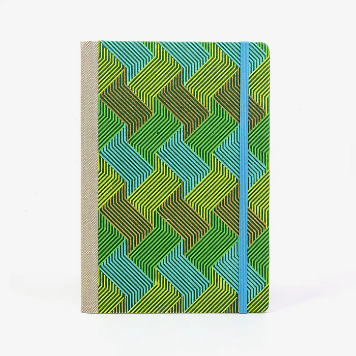 Skizzenbuch-blanko-A5-160seiten-cover-Baumwollpapier-Motiv-Strichmuster-zacken-gold-blau-gruen