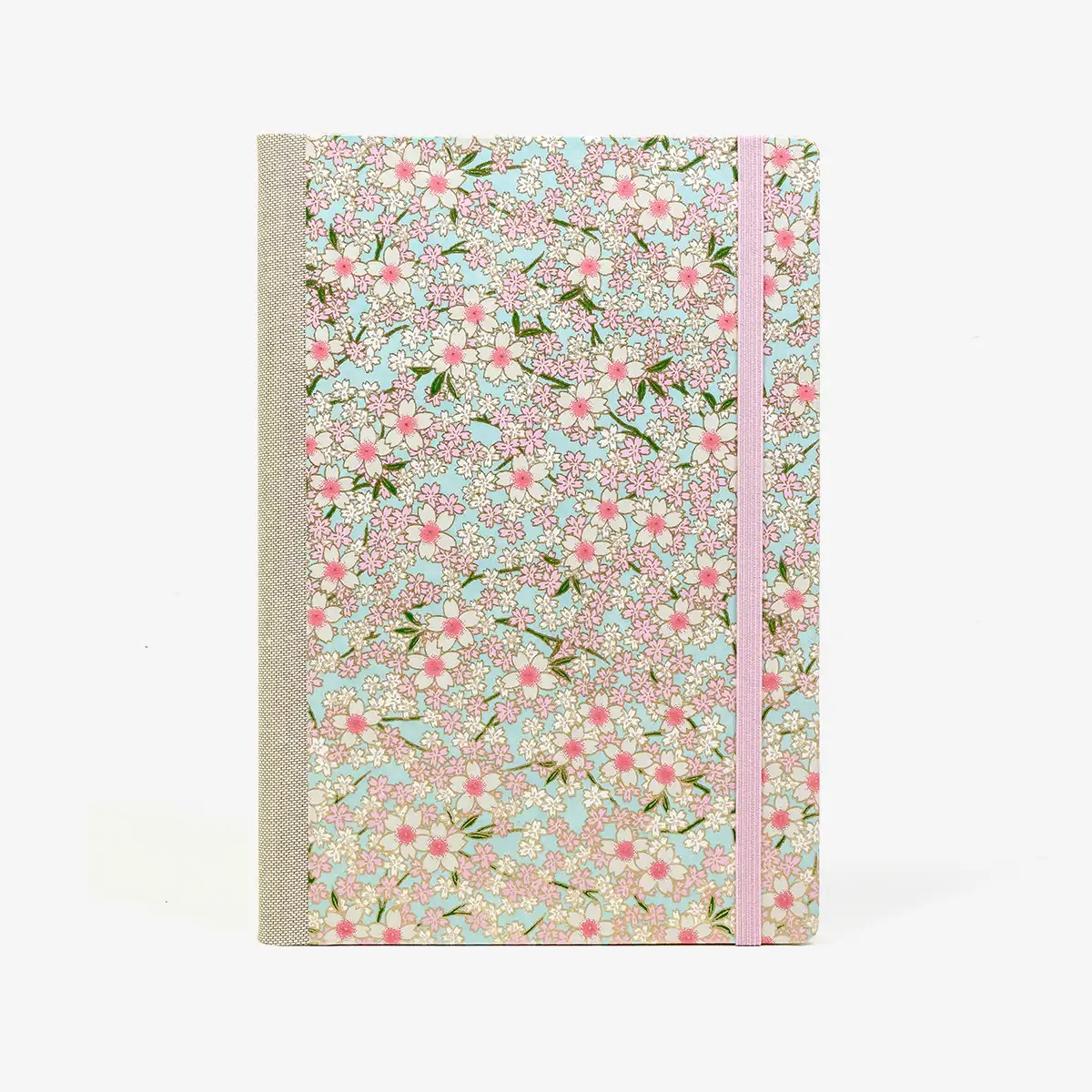 Skizzenbuch-blanko-A5-160seiten-cover-Chiyogami-Motiv-Blumenwiese-Rosa-auf-hellblau