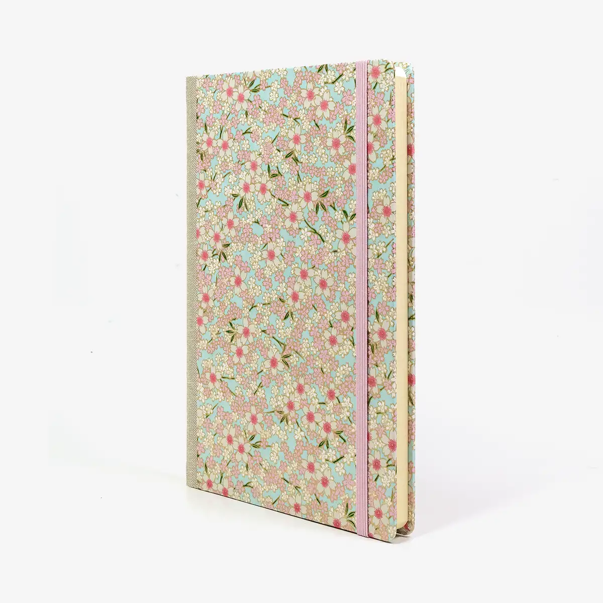 Skizzenbuch-blanko-A5-160seiten-cover-Chiyogami-Motiv-Blumenwiese-Rosa-auf-hellblauseitlich-vorn