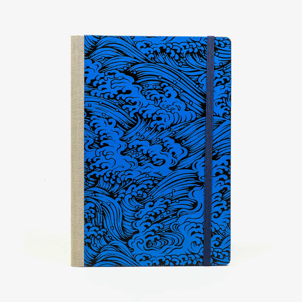 Skizzenbuch-blanko-A5-160seiten-cover-LAckpapier-Motiv-Welle-Nami-blau-auf-schwarz