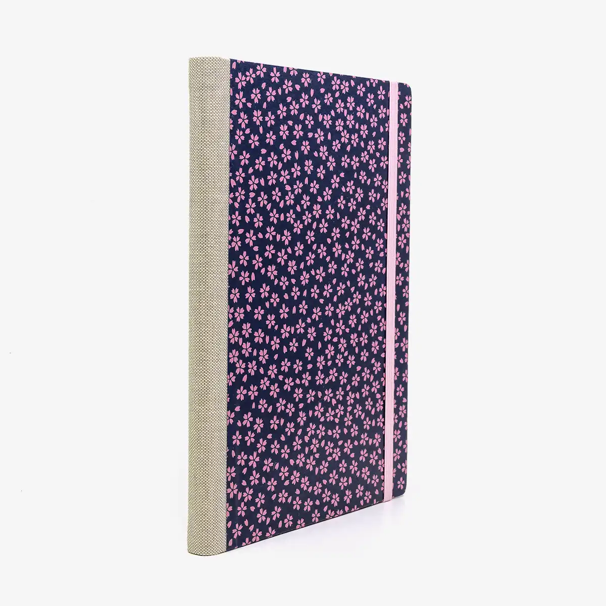 Skizzenbuch-blanko-A5-160seiten-cover-Lackpapier-Motiv-Sakura-Pink-on-Blue-seitlich-hinten
