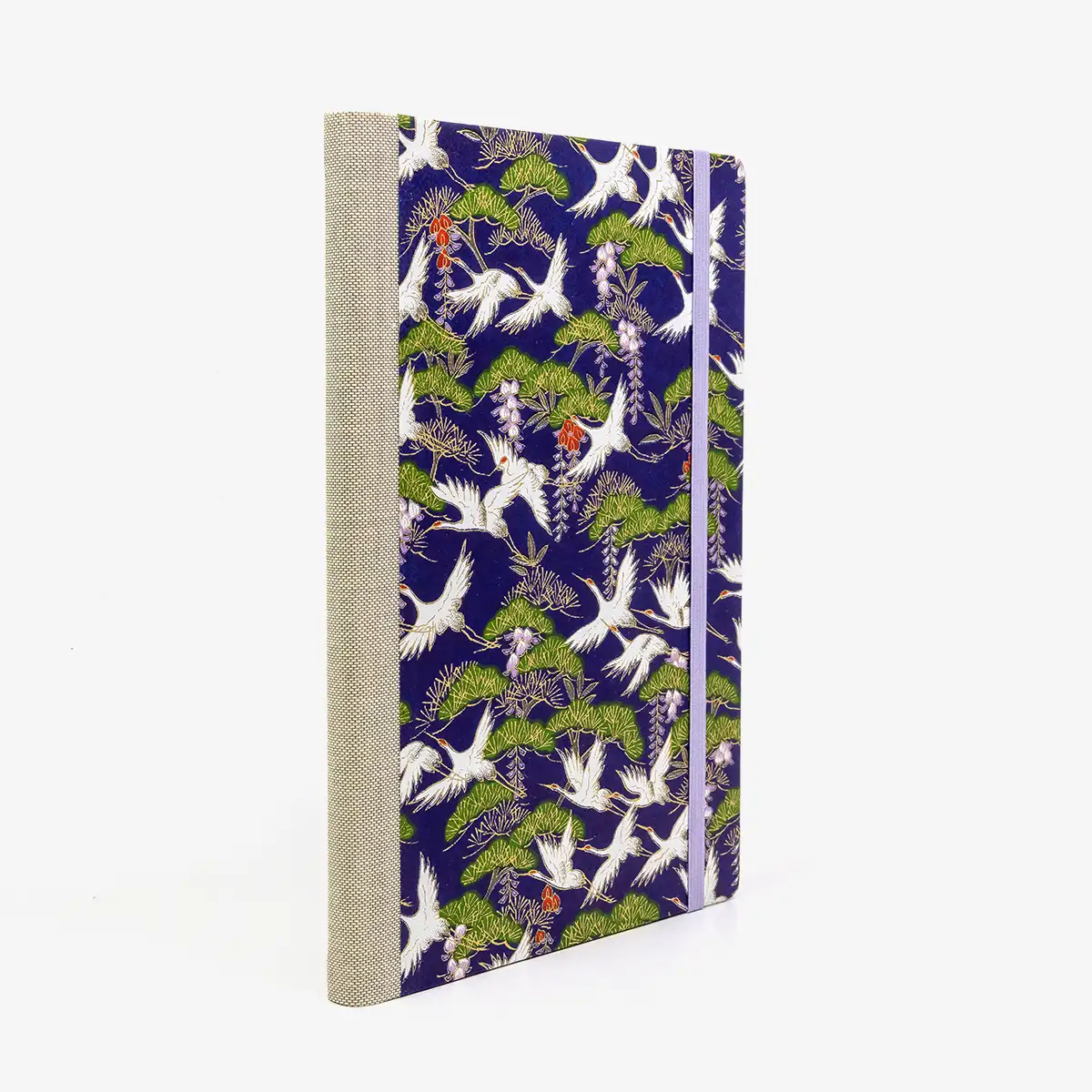Skizzenbuch-blanko-A5-160seiten-cover-chiyogami-Motiv-Kraniche-und-kiefer-auf-blau-seitlich-hinten