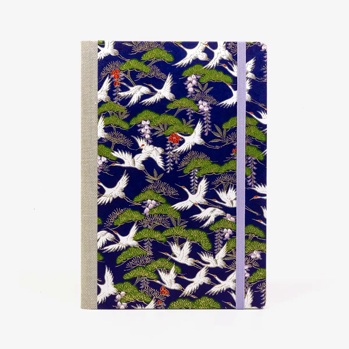 Skizzenbuch-blanko-A5-160seiten-cover-chiyogami-Motiv-Kraniche-und-kiefer-auf-blau