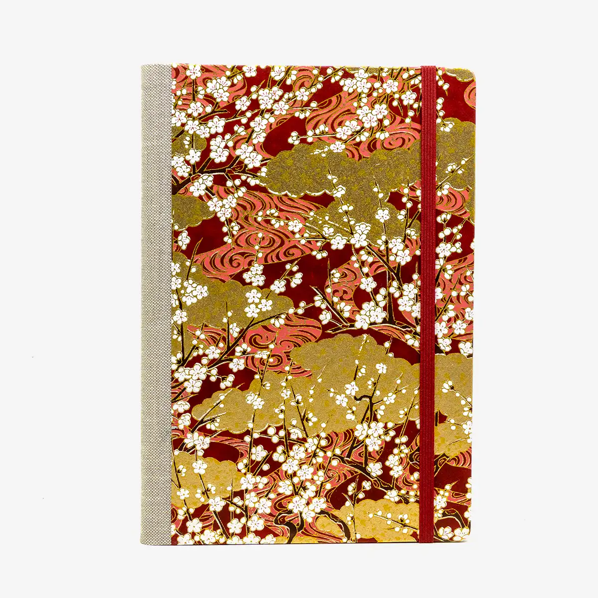 Skizzenbuch-blanko-A5-160seiten-cover-chiyogami-Motiv-Sakurazweige-ueber-golden-Wolken-auf-dunkelrot