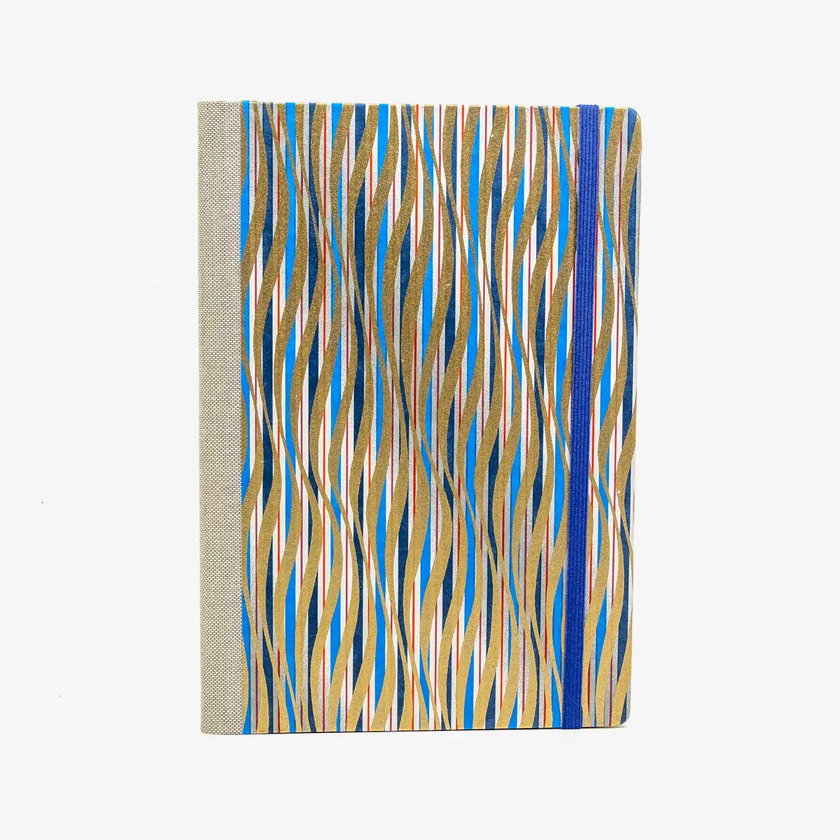 Skizzenbuch-blanko-A5-160seiten-cover-chiyogami-Motiv-gewellte-Striche-gold-blau-rot