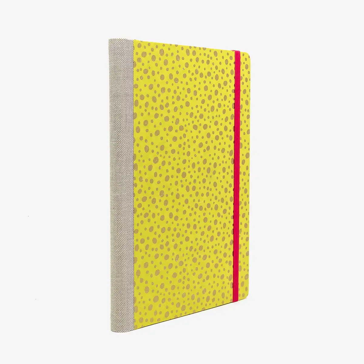 Skizzenbuch-blanko-A5-160seiten-cover-chiyogami-Motiv-golden-Dots-auf-neongelbgruen-seitlich-hinten