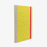Skizzenbuch-blanko-A5-160seiten-cover-chiyogami-Motiv-golden-Dots-auf-neongelbgruen-seitlich-hinten