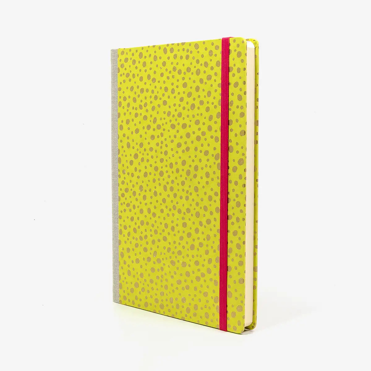 Skizzenbuch-blanko-A5-160seiten-cover-chiyogami-Motiv-golden-Dots-auf-neongelbgruen-seitlich-vorn