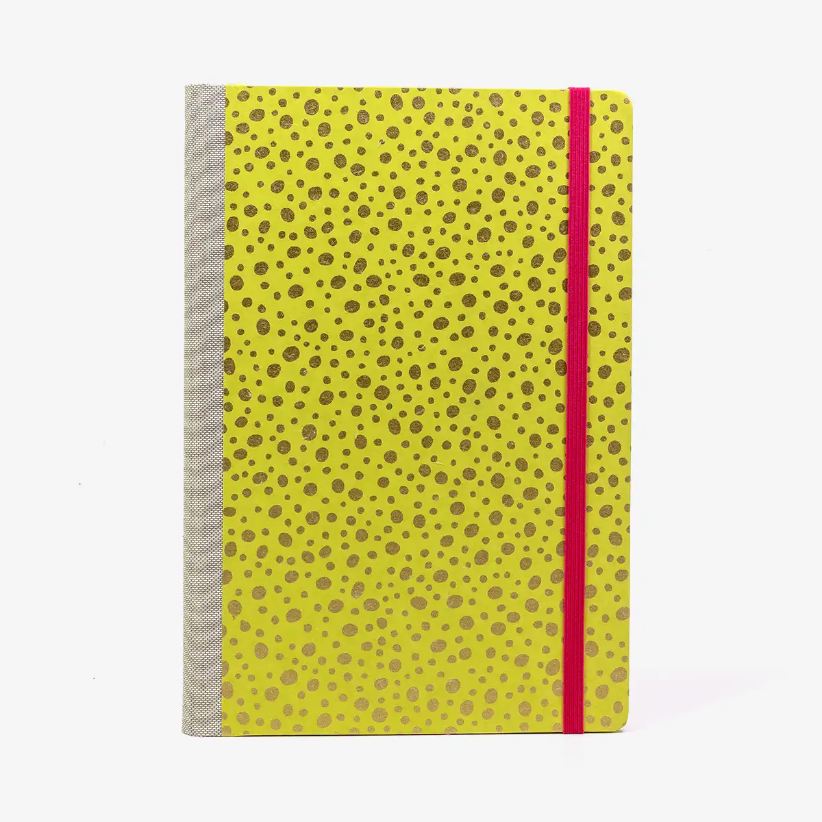 Skizzenbuch-blanko-A5-160seiten-cover-chiyogami-Motiv-golden-Dots-auf-neongelbgruen
