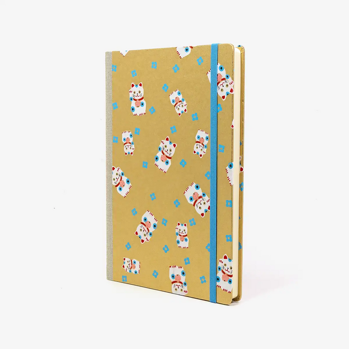Skizzenbuch-blanko-A5-160seiten-cover-chiyogami-Motiv-winkekatze-gold-seitlich-vorn