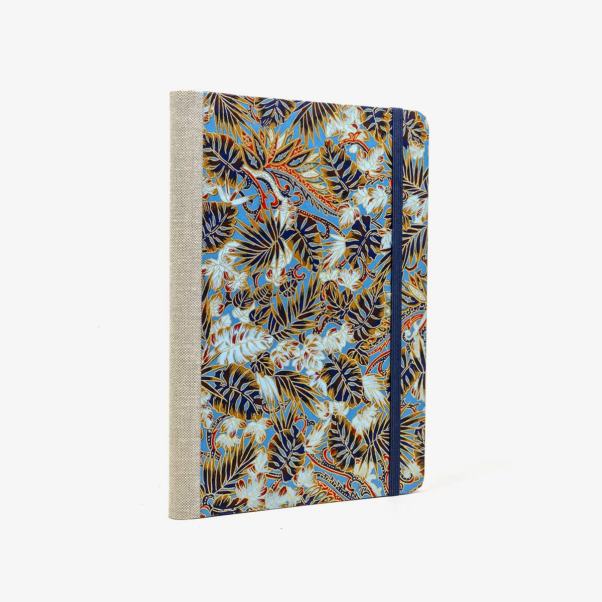 Skizzenbuch-blanko-A5-192seiten-mit-Chiyogami-motiv-Monstera-Blau-bezogen-cover-seitlich-von-hinten