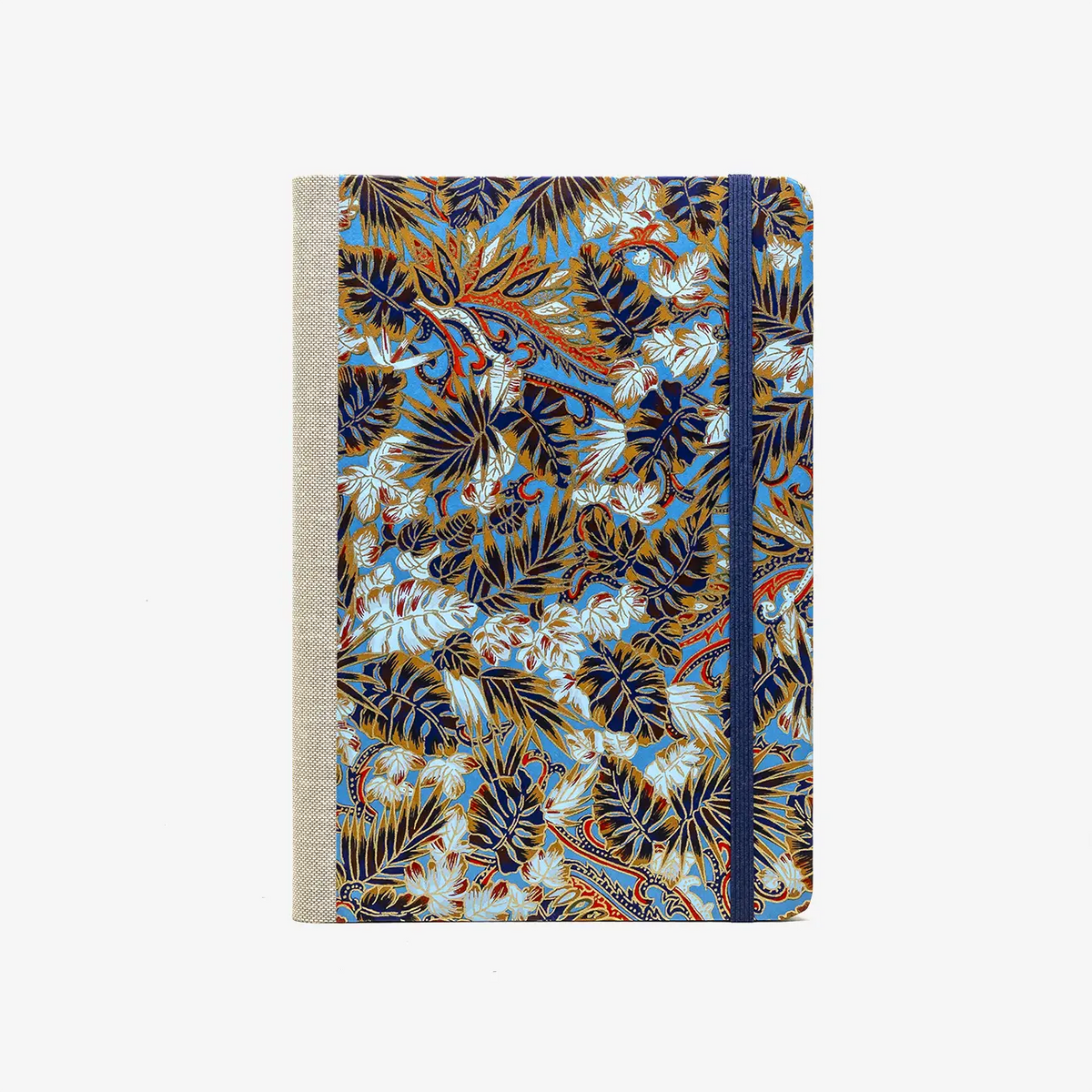 Skizzenbuch-blanko-A5-192seiten-mit-Chiyogami-motiv-Monstera-Blau-bezogen-cover-von-vorn