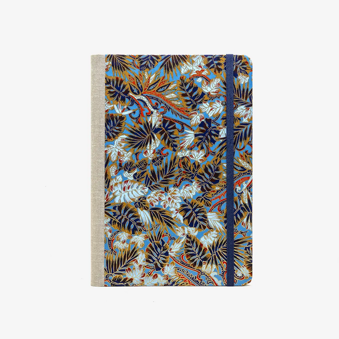 Skizzenbuch-blanko-A5-192seiten-mit-Chiyogami-motiv-Monstera-Blau-bezogen-cover-von-vorn