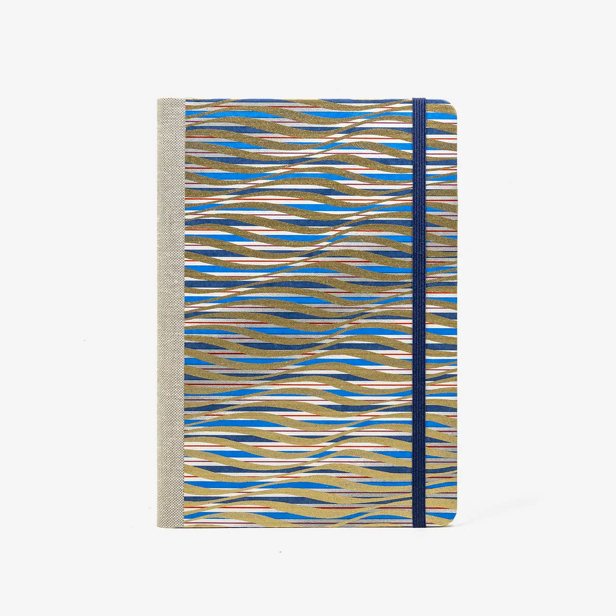 Skizzenbuch-blanko-A5-192seiten-mit-Chiyogami-motiv-blau-gold-rot-gewellte-Streifen-bezogen-cover-von-vorn