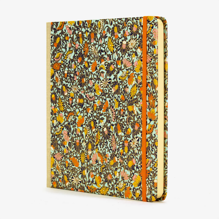 Skizzenbuch / 192 Seiten / fadengeheftet / Chiyogami / Blumenornament Orange/blau/gold/pink