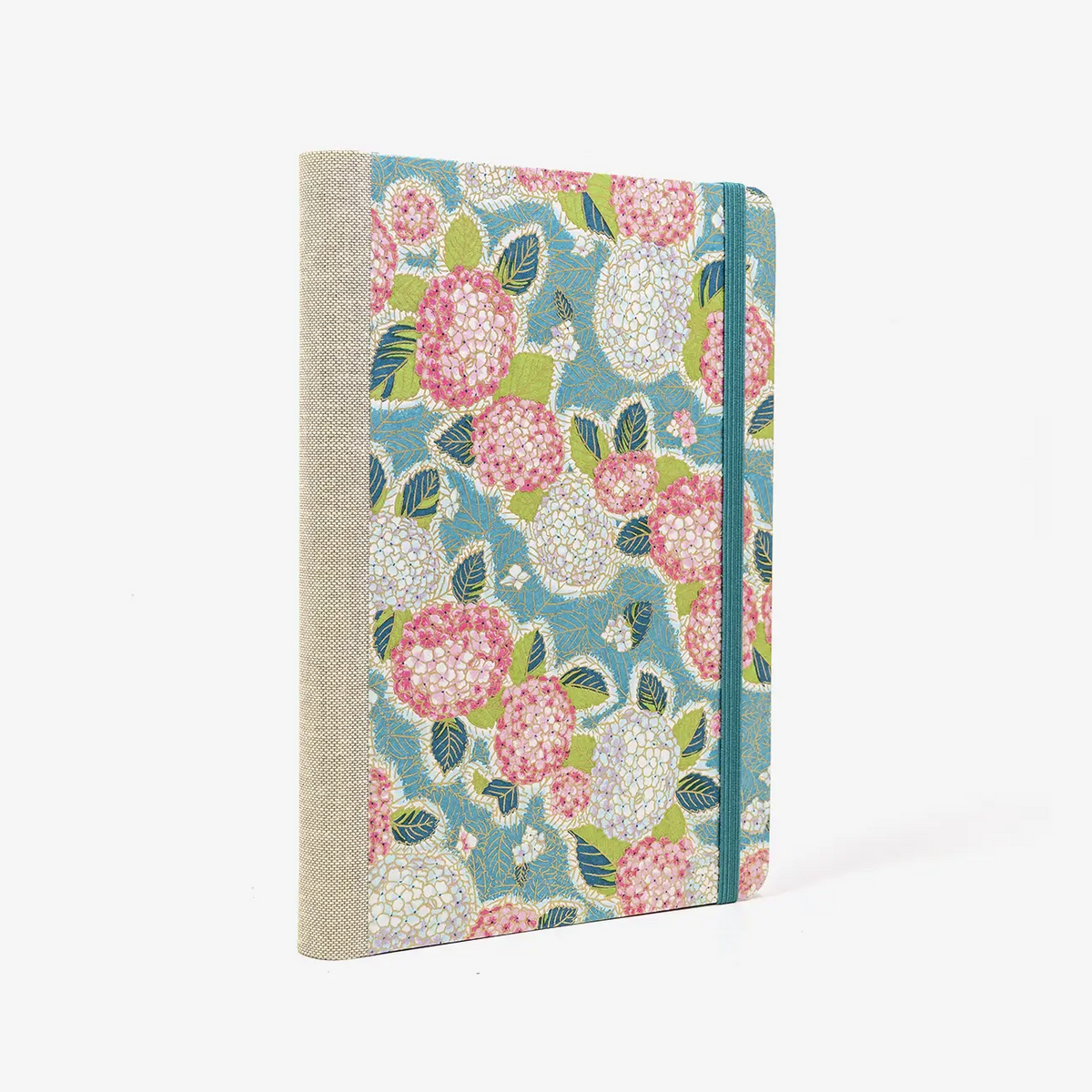 Skizzenbuch-dotted-A5-240seiten-mit-Chiyogami-motiv-Hortensien-petrol-bezogen-cover-seitlich-von-hinten