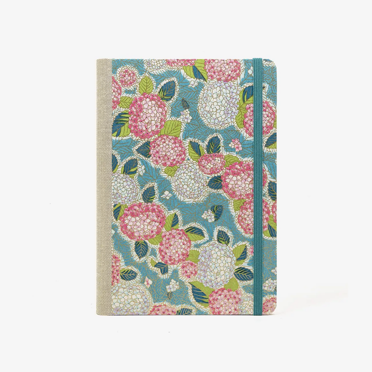 Skizzenbuch-dotted-A5-240seiten-mit-Chiyogami-motiv-Hortensien-petrol-bezogen-cover-von-vorn