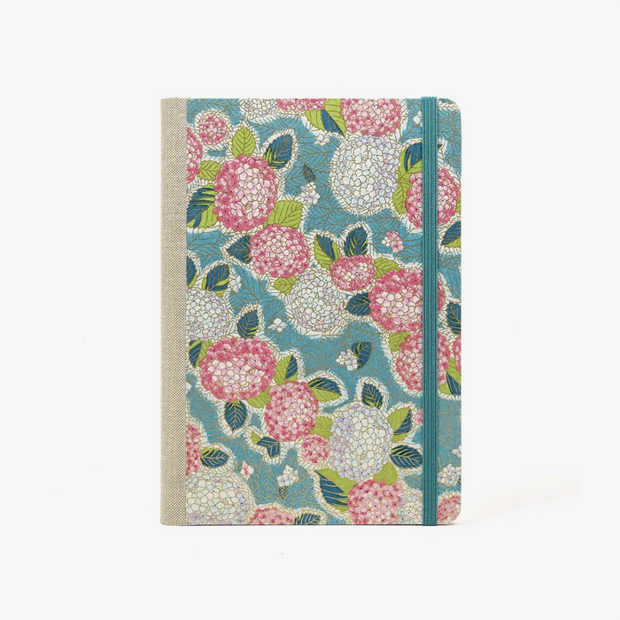 Skizzenbuch-dotted-A5-240seiten-mit-Chiyogami-motiv-Hortensien-petrol-bezogen-cover-von-vorn