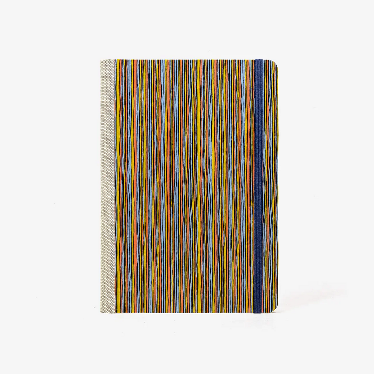 Skizzenbuch-dotted-A5-240seiten-mit-Chiyogami-motiv-Streifen-gelb-orange-blau-bezogen-cover-von-vorn