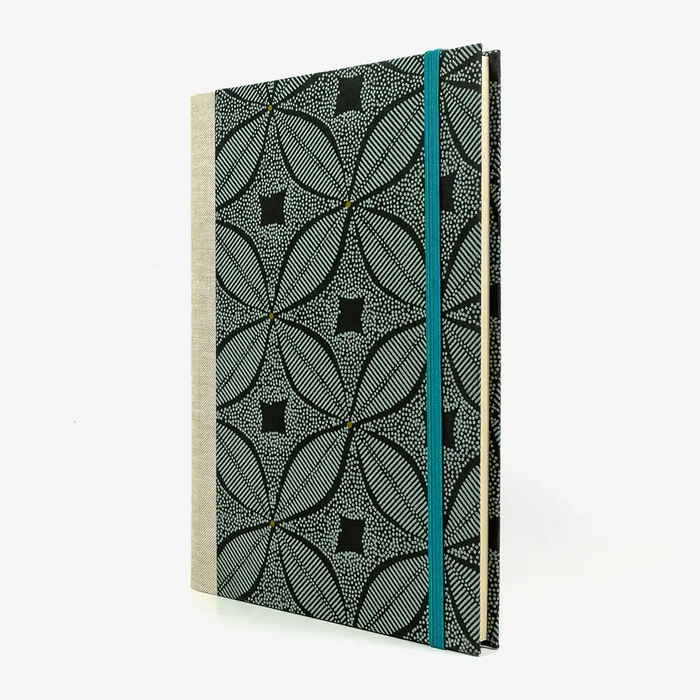 Notizbuch -17x24 - liniert -160 Seiten-Baumwollpapier-Papier - Design:- Blätter geometrisch-Aquamarine- auf- schwarz-cover-seitlich-von-vorn
