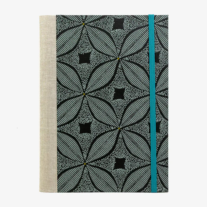 Notizbuch -17x24 - liniert -160 Seiten-Baumwollpapier-Papier - Design:- Blätter geometrisch-Aquamarine- auf- schwarz-cover-von-vorn
