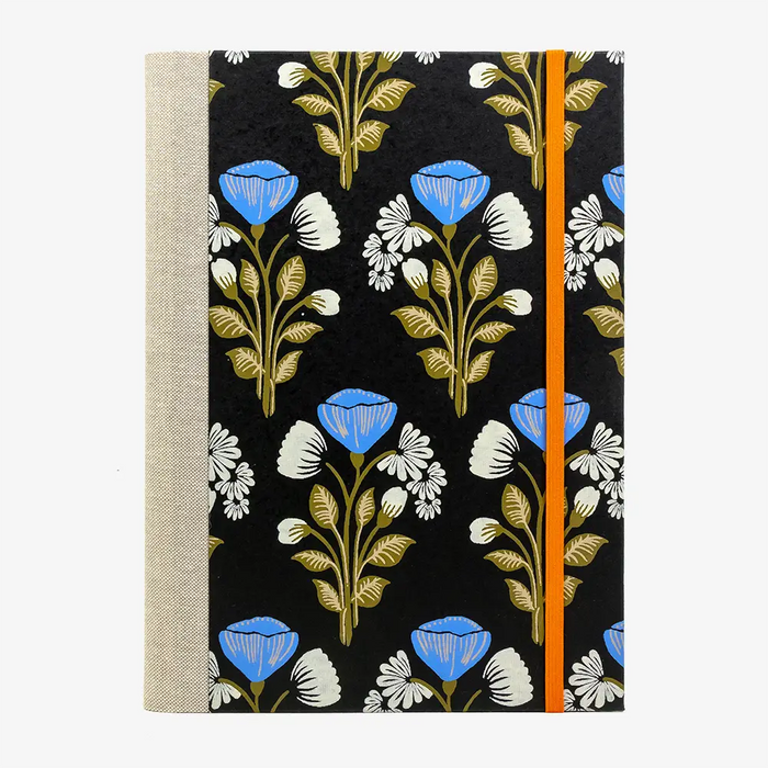 Notizbuch - 17x24 - liniert- 160 Seiten-Baumwoll -Papier- Design: -Blumenmuster- auf- Schwarz-cover-von-vorn
