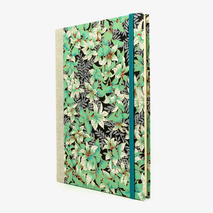Notizbuch -17x24 -lliniert - 160 Seiten-Chiyogami- Papier-Design:- Botanical-Grün-Silber-auf- Schwarz-cover-seitlich-von-vorn
